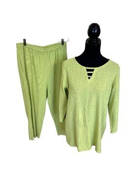 Womens Lime Green Pant Set Cotton Toofan Wide Leg Large Weave Pockets Resort